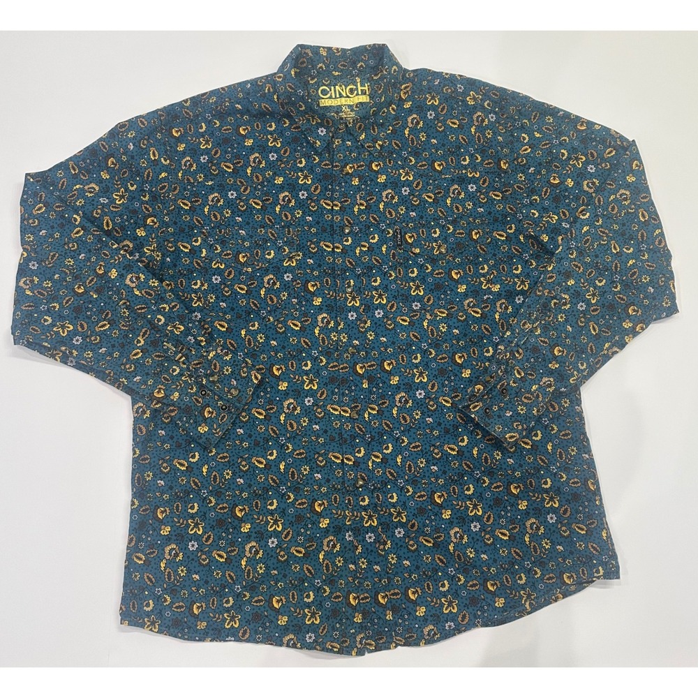 Cinch Modern Fit Western Shirt Mens XL Teal Blue Floral Paisley Snap Button Down